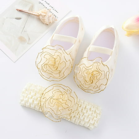 

Little Child Shoes Soft Sole Toddler Shoes Cute Flowers Princess Shoes Headband Set Beige 11