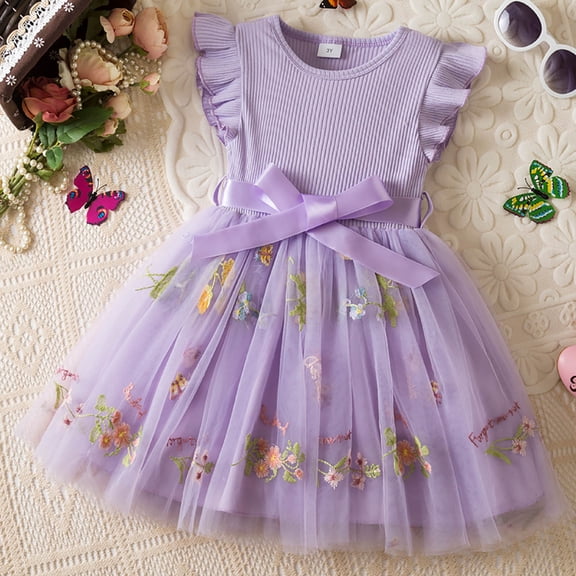 JIAYUE Girls Spring Summer Dresses Floral Sleeveless Crew Neck A-Line Mid Length with Bowknot Waistband For Kids Stylish Layering Style