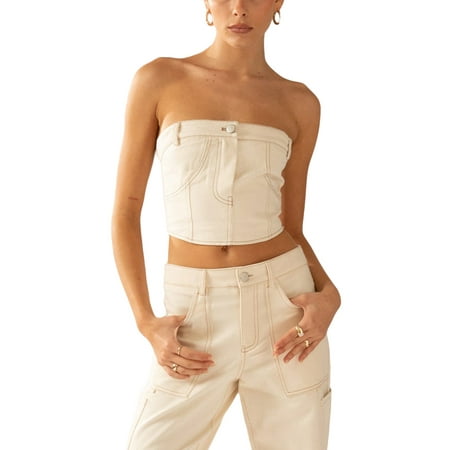 

TFFR Women Spaghetti Denim Corset Crop Vest Sleeveless Backless Buttons Camisole Party Streetwear