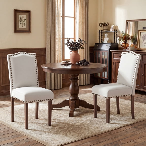 AFO Upholstered Dining Chairs Set of 2, Fabric Parsons Kitchen Chairs with Nailhead Trim, High-Density Cushion & Solid Wood Legs, For Dining Room, Living Room, Restaurant & Cafe, Beige