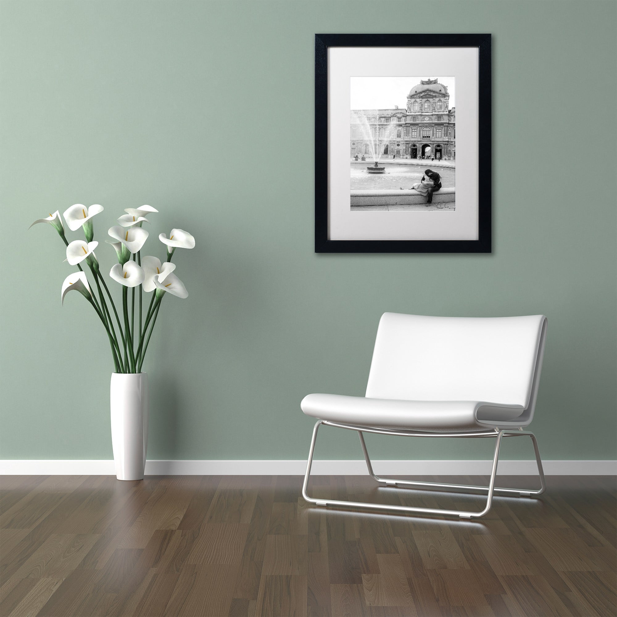 Trademark Fine Art "Paris Kiss" Canvas Art by Yale Gurney, White Matte, Black Frame