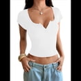 thumbnail image 3 of Camisetas de Corta de Verano 2025 para Mujer, con Cuello Henley Acanalado y Botones, Corte Entallado, Básicas e Informales. L, 3 of 8