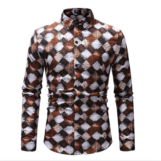 Camisa informal de manga larga con estampado de cuadros para hombre Camiseta ajustada con botones