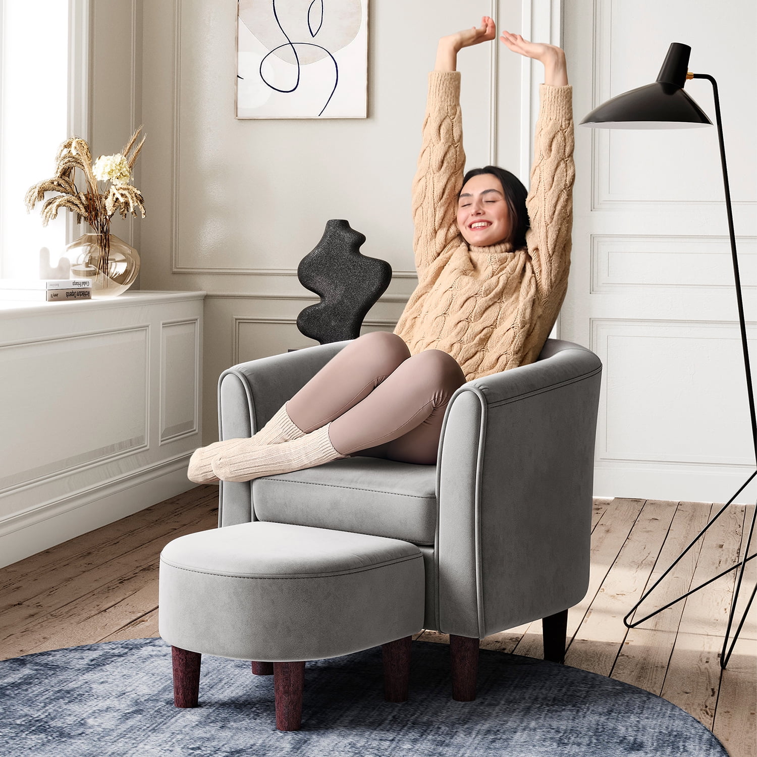 LINSY HOME Velvet Accent Chair with Ottoman for Living Room, Light Grey