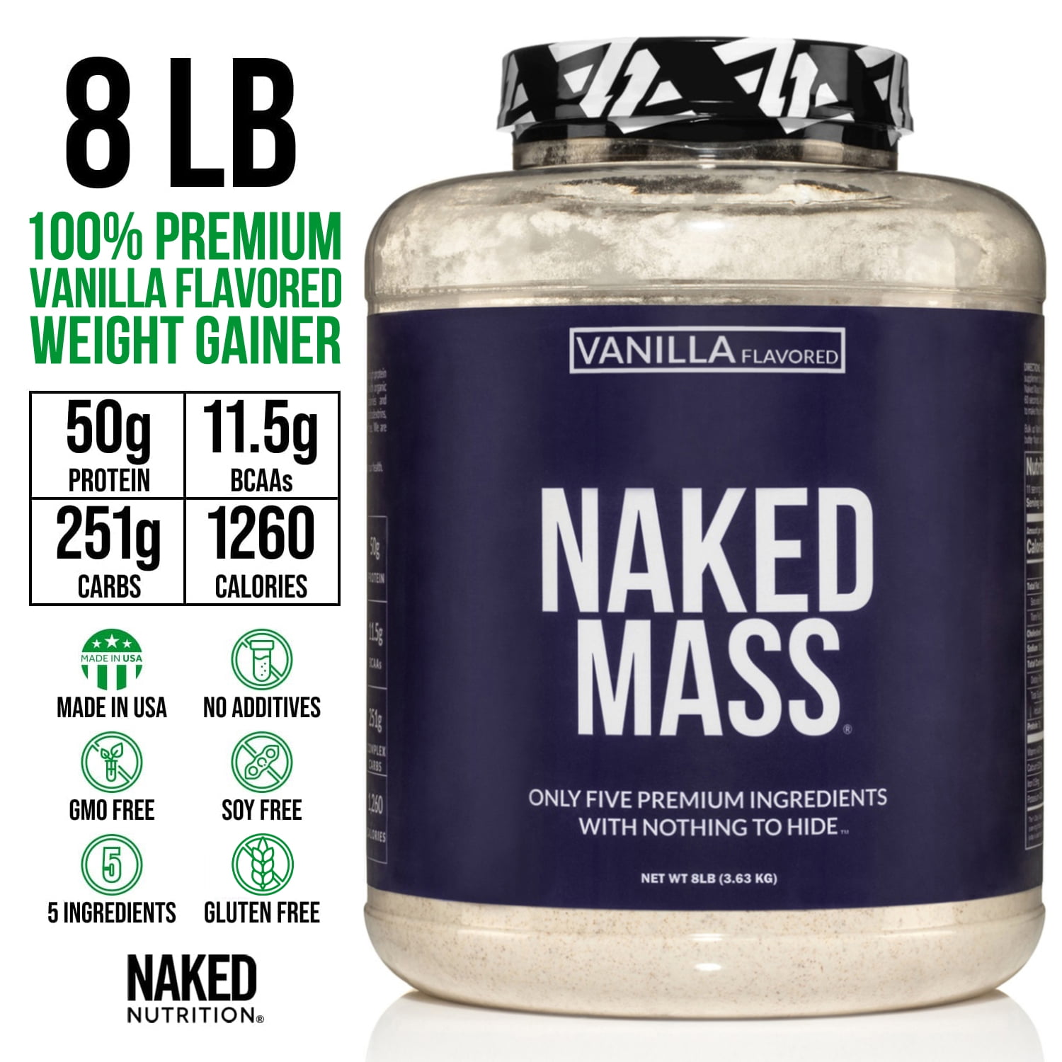 NAKED Vanilla Mass - All Natural Vanilla Weight Gainer Protein Powder - 8lb Bulk, GMO Free, Gluten Free & Soy Free, No Artificial Ingredients - 1,260 Calories - 11 Servings