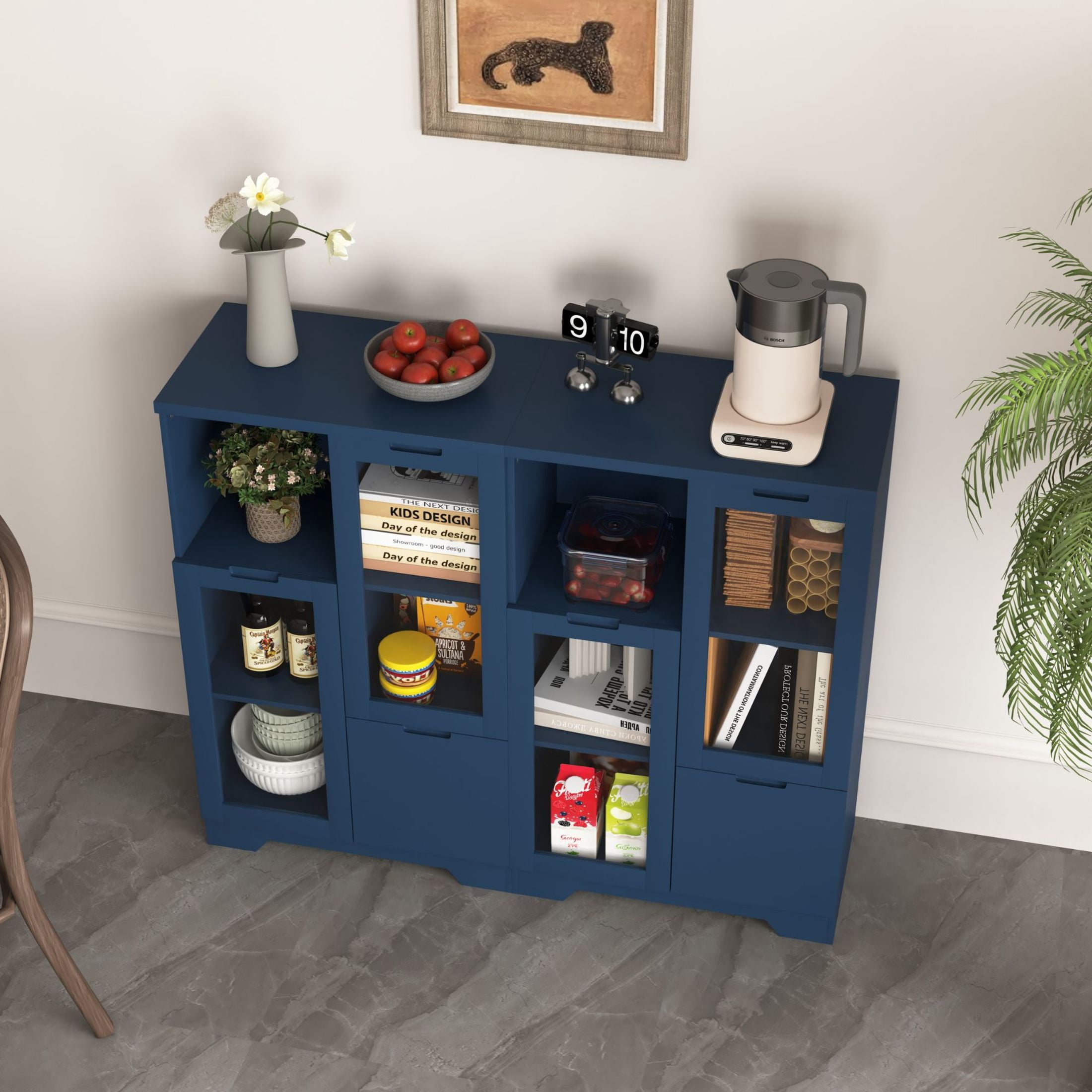 Noble House Storage Cabinet with Glass Doors and Drawer, Adjustable Shelves, Navy Blue