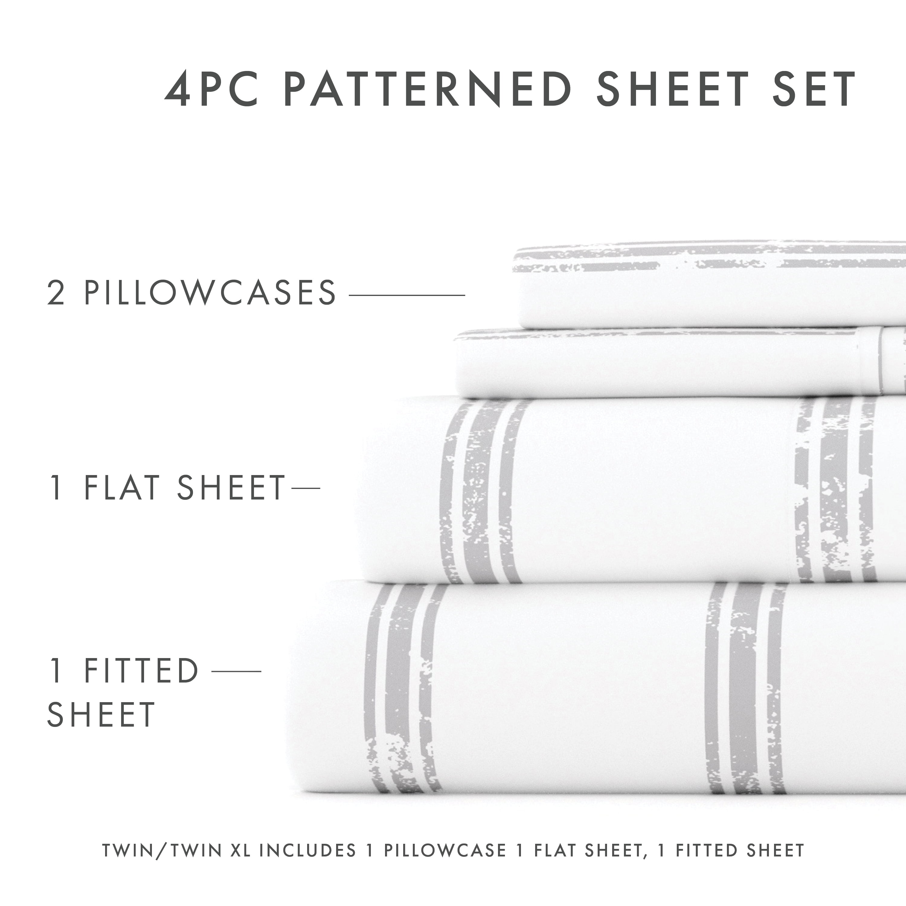 Noble Linens 4 Piece Pattern Microfiber Bed Sheets Set, Light Gray Distressed Line, CalKing