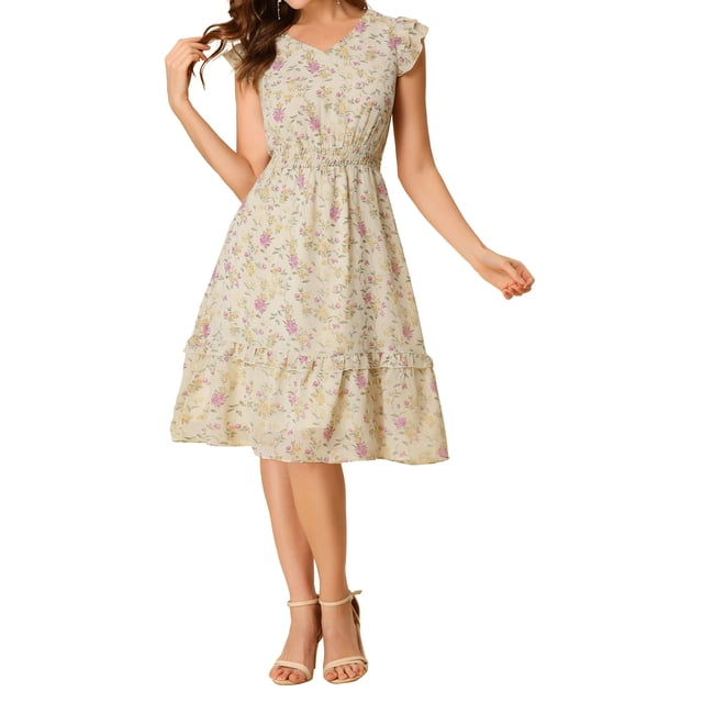 INSPIRE CHIC Robe pour Femme à Fleurs Manches Volantées Col en V Décontractée Smockée à Volants Robes TP Abricot Foncé