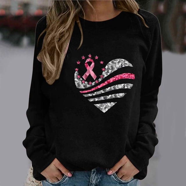 Fartey Womens Pink Ribbon Breast Cancer Awareness Sweatshirts Giftas October We Wear Pink Blouses Fashion Ribbon Heart Graphic Pullover Tops
