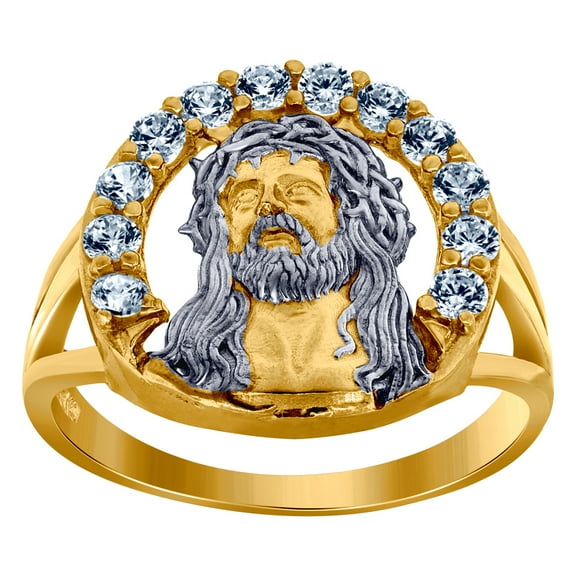 10k Two-tone Gold Mens Cubic Zirconia Cubic Zirconia Jesus Face Religious Ring Ring for Men