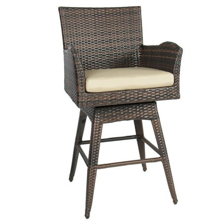 Bar Stool Outdoor Patio Furniture - Best Choice Products Outdoor Brown Wicker Swivel Bar Stool w/ Cushion