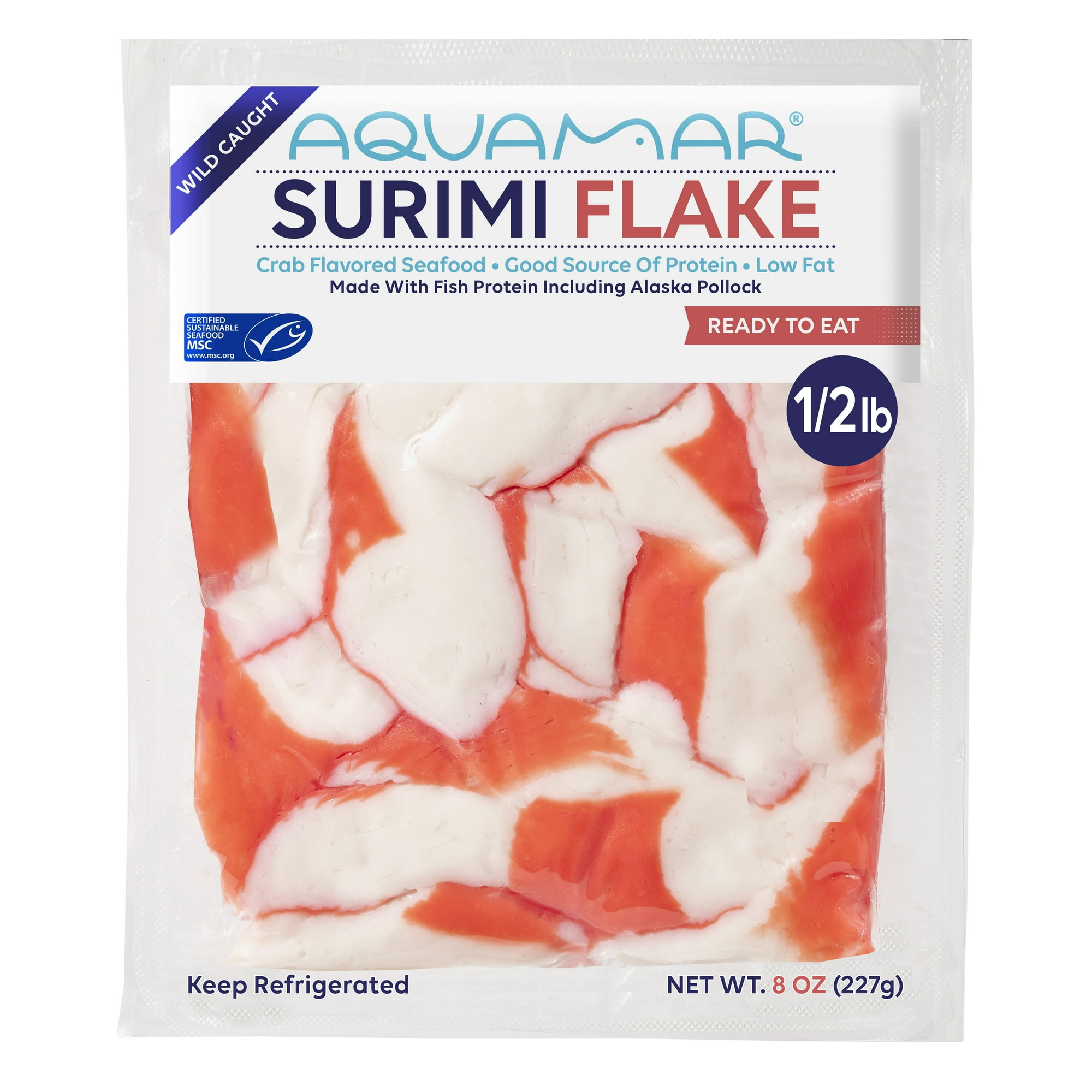 Aquamar Surimi, Flake Style Fresh Imitation Crab, 1- 8 oz Medium Plastic Bag. Contains 5g of Protein per serving.