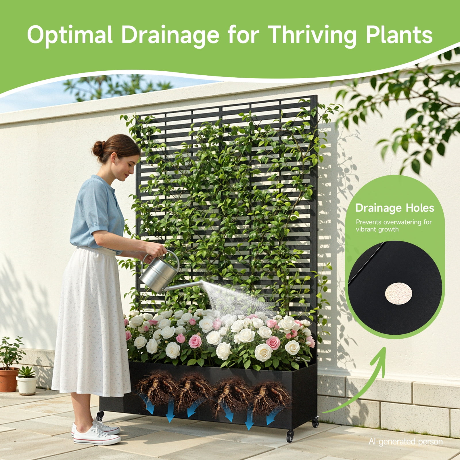 Dovov Raised Garden Bed with Trellis, Outdoor Metal Planter with Drainage Hole, Rolling Trellis Planter Box for Climbing Plants, 47"W x 73"H, Black