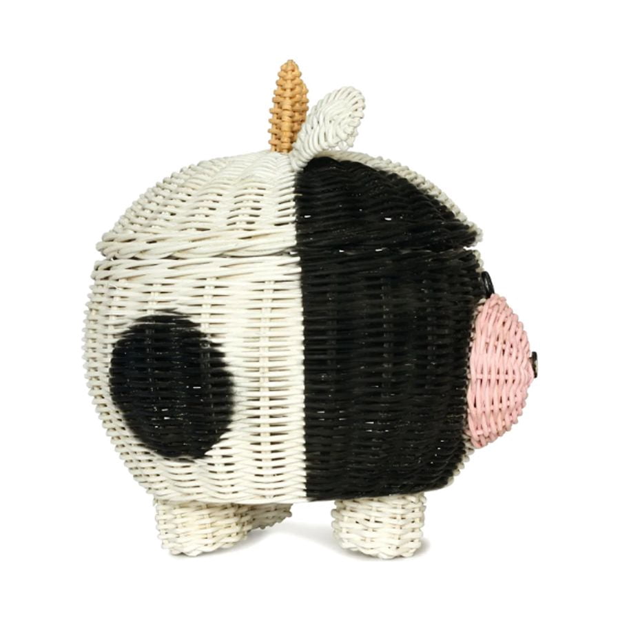Cow Rattan Storage Basket with Lid Decorative Bin Home Decor Hand Woven Shelf Organizer Cute Handmade Handcrafted Gift Art Decoration Artwork Wicker
