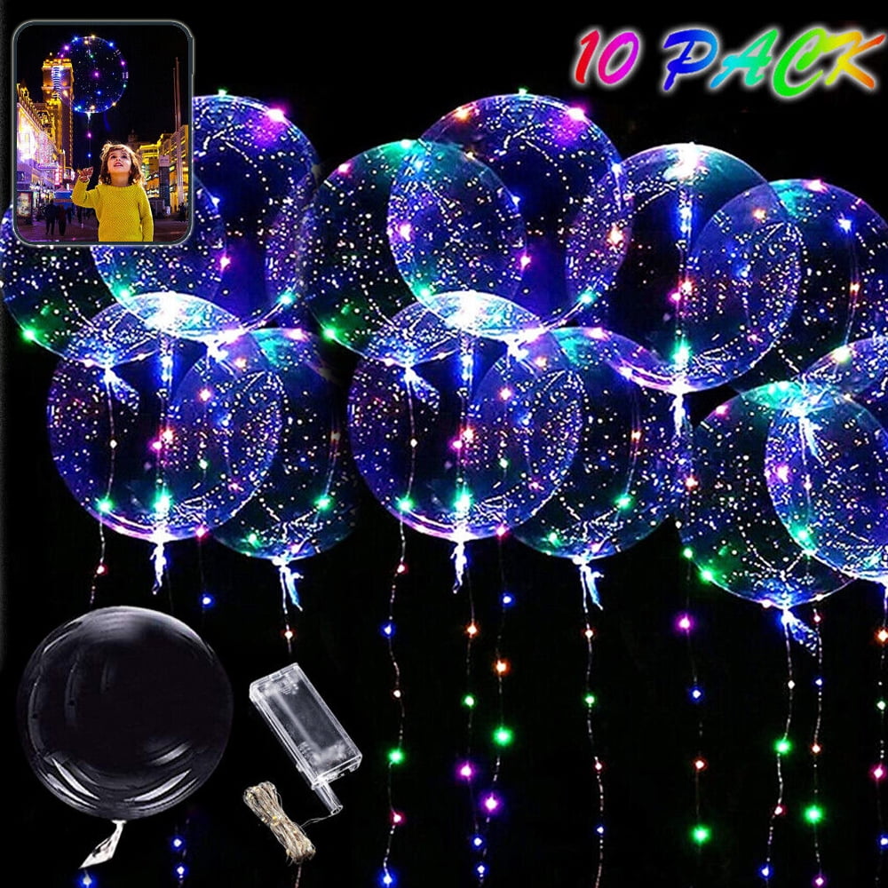 10 Pack LED Light Up BoBo Balloons 20" Transparent Colorful String