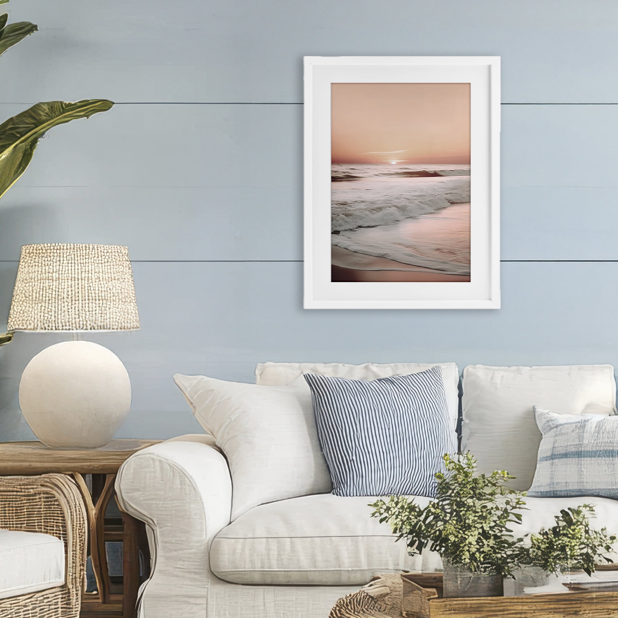 Apricot Beach View White Framed Print Under Glass, design by Decent Exposures