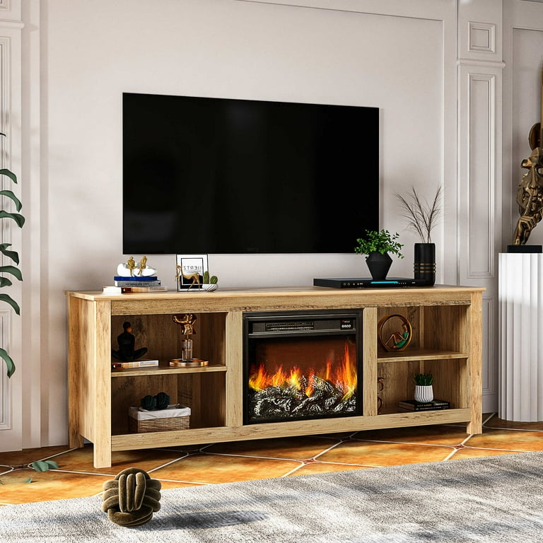 Fireplace TV Stand Wood Entertainment Center with 4 Storage Cubby
