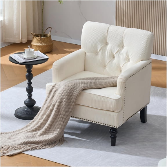 JERFIT Modern Corduroy Accent Chair with Tufted Back, Mid-Century Club Chair for Living Room & Bedroom, Beige Button Upholstered Armchair