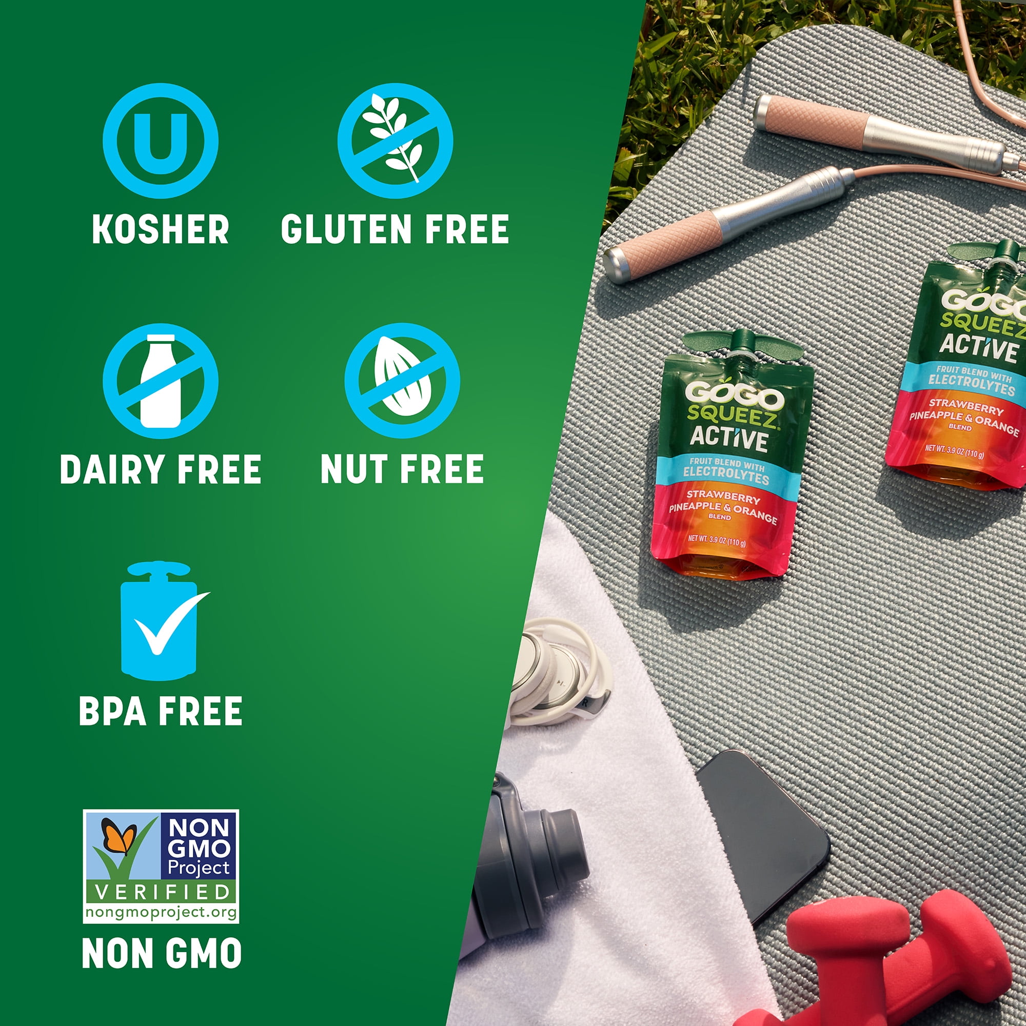 GoGo squeeZ Active Fruit Blend with Electrolytes, Strawberry Pineapple Orange, 3.9 oz/10ct