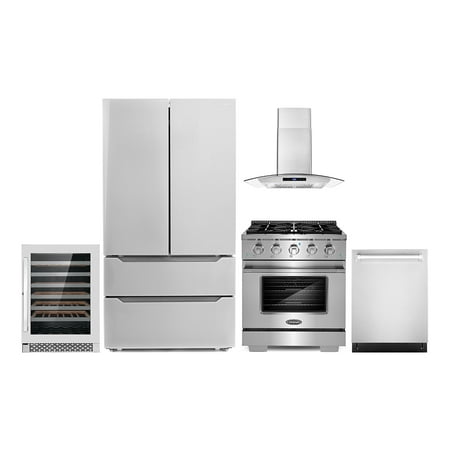 Cosmo 5 Piece Kitchen Appliance Packages with 30  Freestanding Gas Range 30  Wall Mount Range Hood 24  Built-in Fully Integrated Dishwasher French Door Refrigerator &amp; 48 Bottle Wine Refrigerator