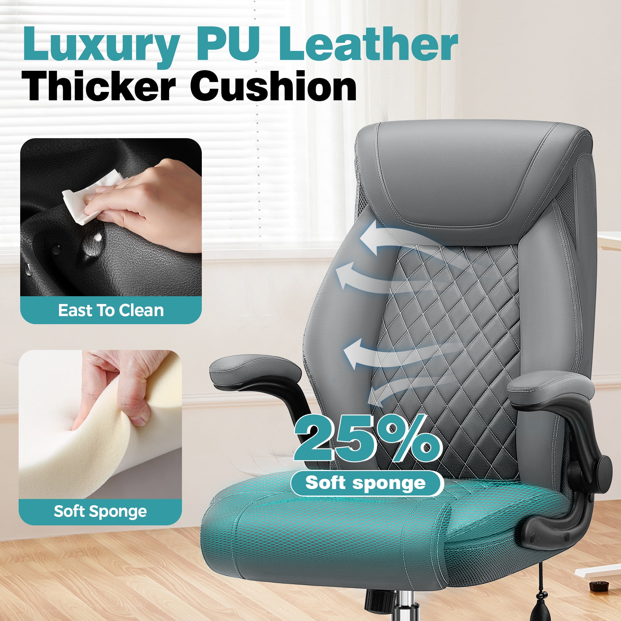ATHOPE Leather Office Chair, Executive Desk Chairs with Flip-up Padded Armrests, Big and Tall Office Chair with Wheels, Ergonomic Computer Chair with Lumbar Support for Home Office, Gray