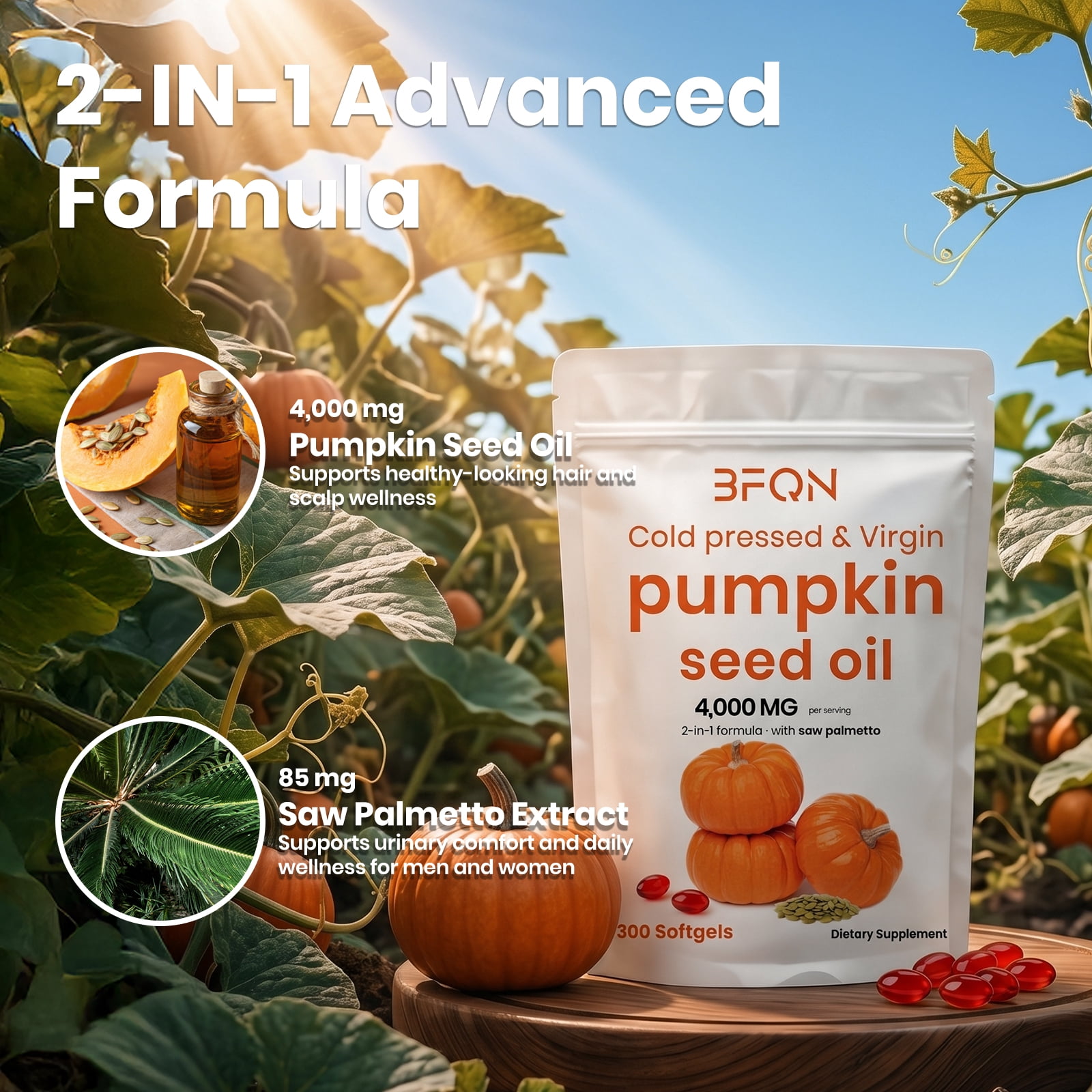 Pumpkin Seed Oil Softgels with Saw Palmetto – Dietary Supplements, 4000mg per Serving, 300 Softgels | Cold Pressed, Pure Virgin Oil | Supports Hair, Urinary, Bladder & Prostate Health | Non-GMO