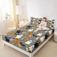 thumbnail image 3 of Feelyou Cute Halloween Ghost Bed Sheets, Cartoon Cat Bat Full Size Sheets, Gray Orange, 4-Piece, 1 Flat Sheet, 1 Fitted Sheet and 2 Pillowcases, 3 of 5