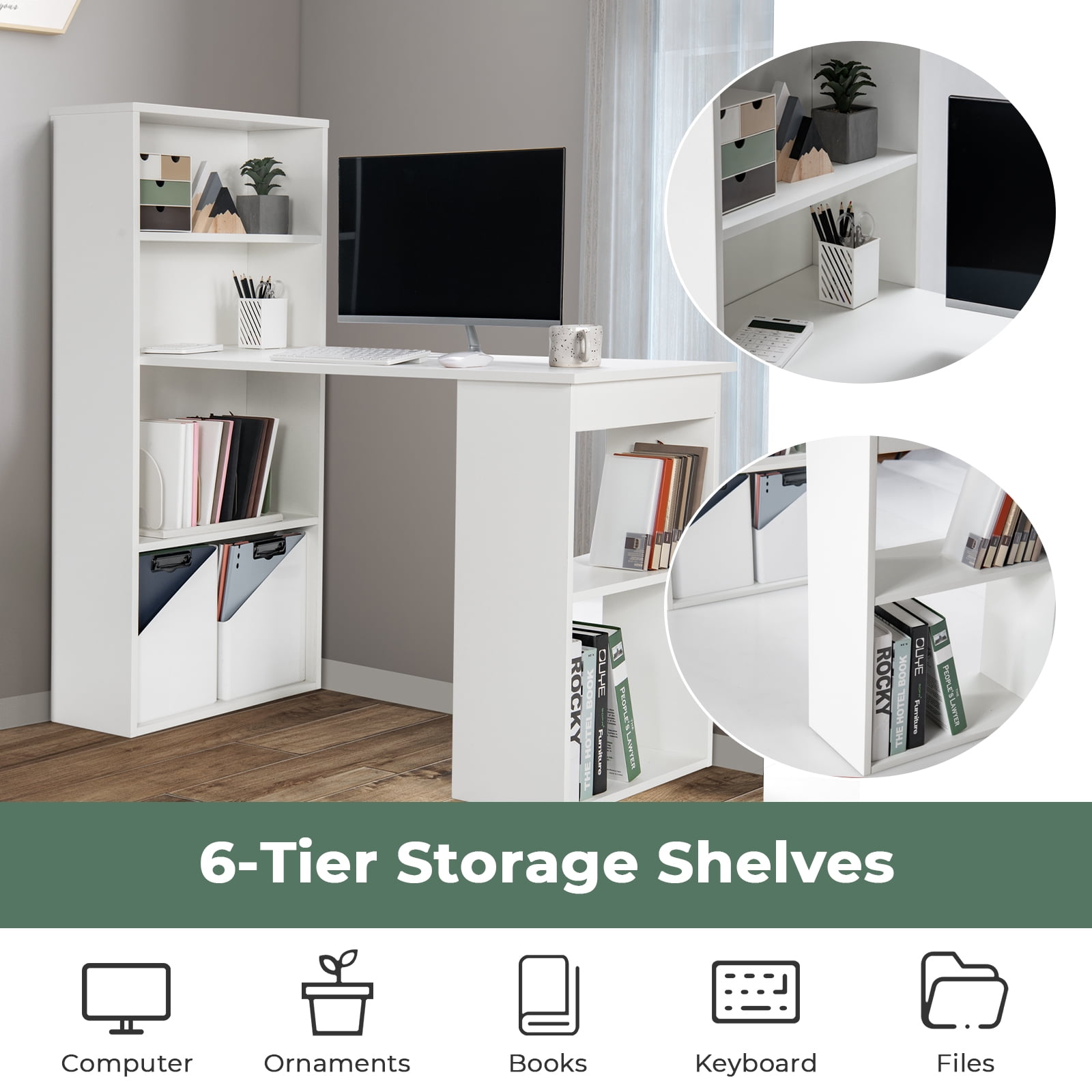 Topbuy 48 Inch Computer Desk with Bookshelf 3-in-1 Home office Desk with 4-Tier Bookcase & CPU Stand Space-saving Reversible Writing Desk White