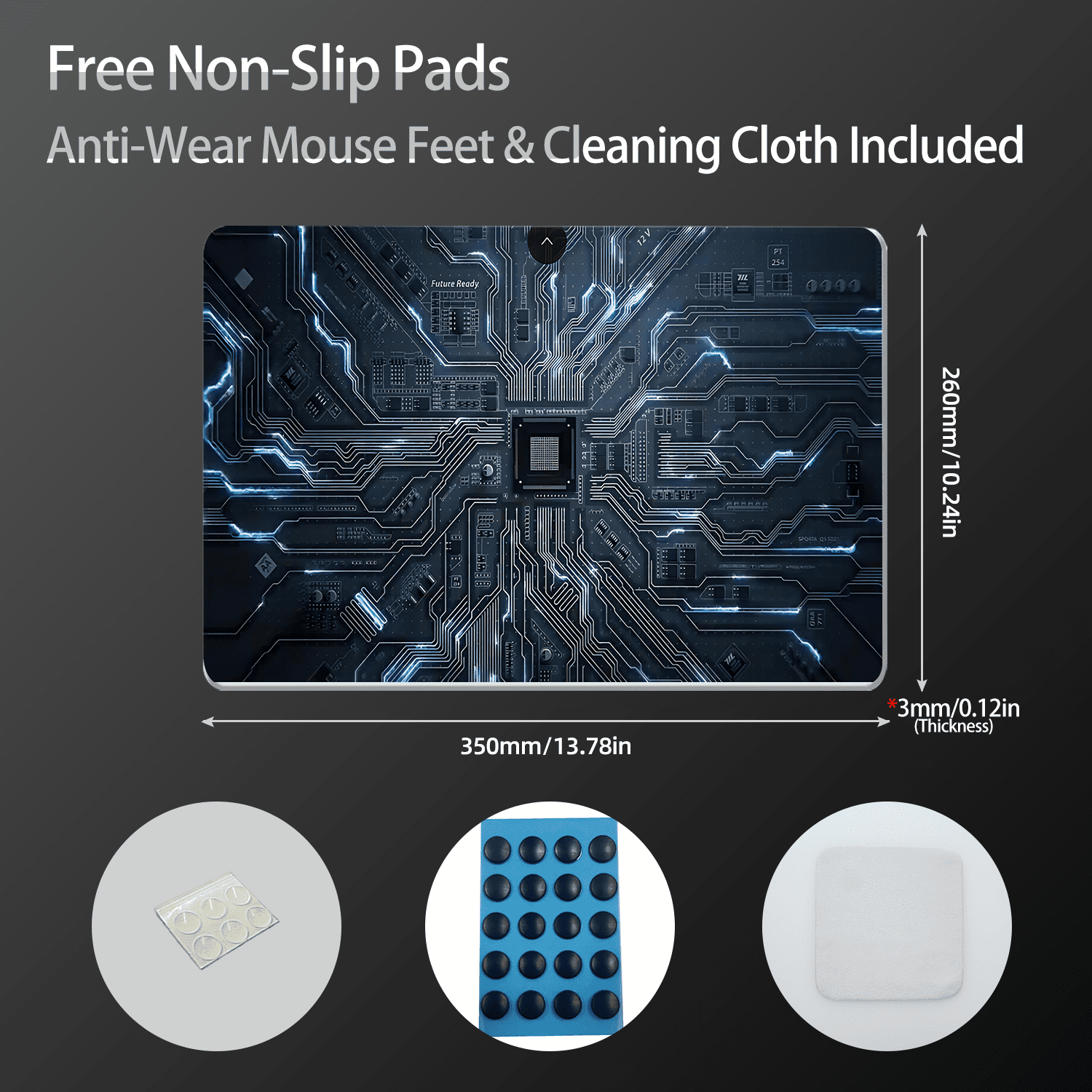 Devineresse Glass Mousepad for Gaming, Technology Chip Hard Mouse Pad, Ultra-Smooth Surface for Enhanced Speed&Control, Durable&Easy to Clean, Includes Anti-Wear&Cleaning Accessories, 35cm*26cm