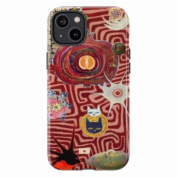 Creative Retro Abstract Phone Case, Bohemian Psychedelic Cosmic Cat Design Protective Cover for iPhone 16 15 14 13 12 11 Pro Max Plus Mini