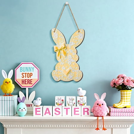 2D Wooden Door Sign with Pink Bow Rabbit Design Double Sided Printed for Window Wall Hanging Lightweight Birch Wood Sheet Farmhouse Spring Seasonal Accent