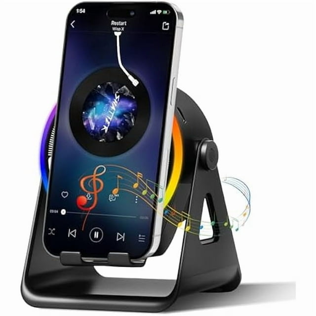 wonima11 Wireless Induction Bluetooth Speaker, 4-in-1 with 360° Rotating Phone Holder and RGB Ambient Light, High-Definition Surround Sound (Black)