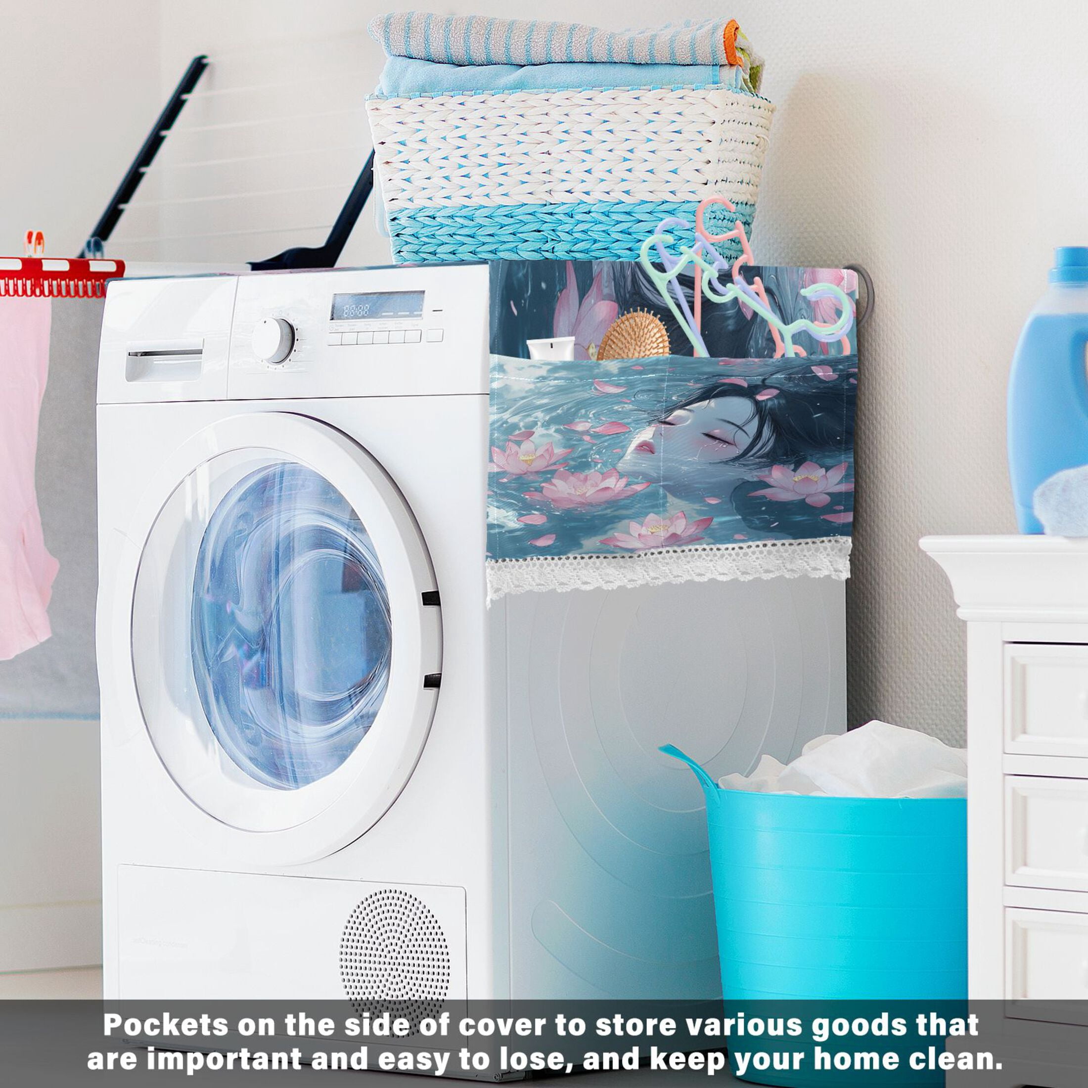 Water Brings Out The LotusWasher and Dryer Covers Dust-Proof and Oil Resistant Fridge Cover with 4 Storage Pockets Washing Machine Top Cover for Laundry Kitchen Home 51.2 x 22 In