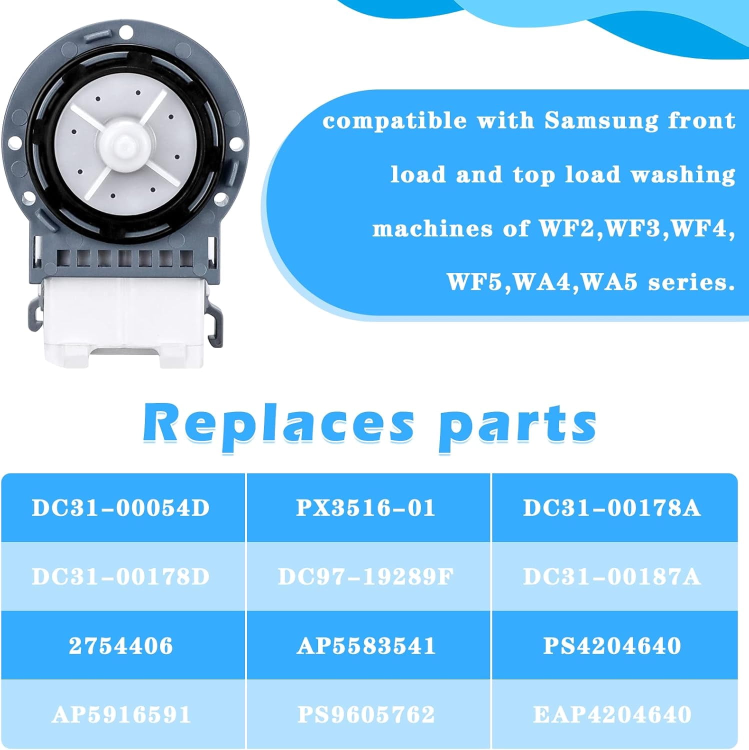 New Washer Drain Pump DC31-00054D DC31-00187A PX3516-01 for Samsung Washing Machine Models in the WA4, WA5, WF2, WF3, WF4, and WF5 series by TOMOON
