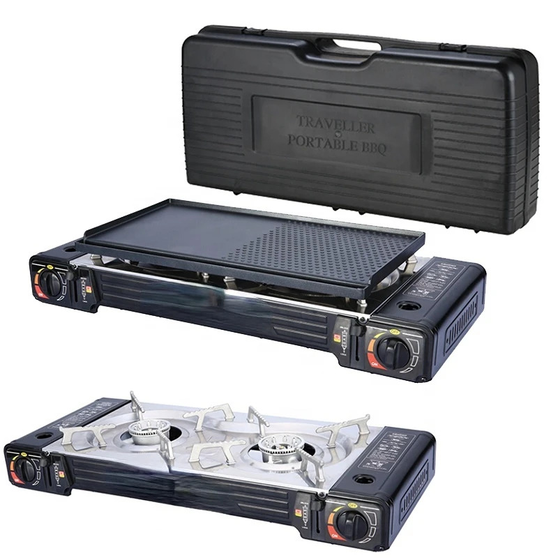 2 Burner Portable Gas Stove Dual-use Outdoor Camping Gas Cooker BBQ Grill Tabletop Cassette Stove with Baking Plate 62.8*28*12cm