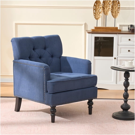 JERFIT Modern Button Tufted Accent Chair with Nailhead Trim, Mid-Century Club Chair for Living Room, Bedroom, Blue Corduroy Upholstered Armchair