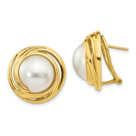 16mm Mabe Pearl (14k Yellow Gold White Akoya Saltwater Mabe Pearl Omega Back Post Stud Ball Button Earrings For Women Gift)