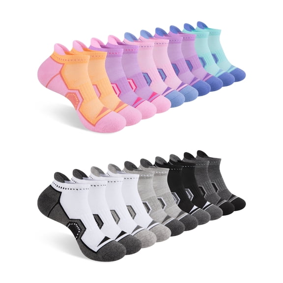COOPLUS Women's Ankle Socks 10 Pairs, Cushioned Breathable Mesh Arch Support Low Cut Athletic Running Socks