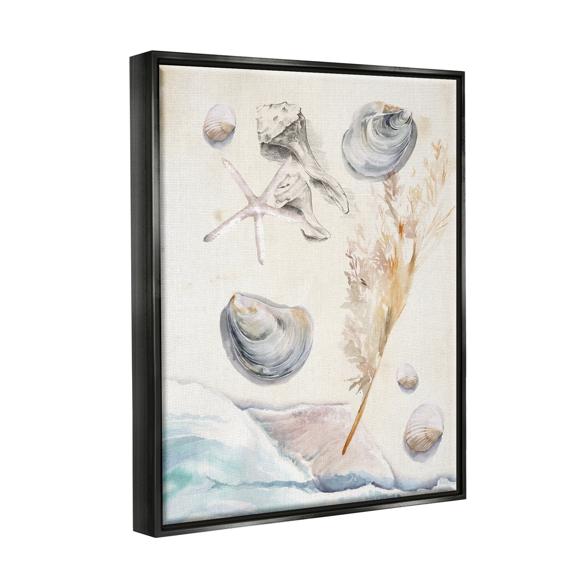 Stupell Beach Shore Splashing Sea Shells Landscape Painting Black Floater Framed Art Print Wall Art