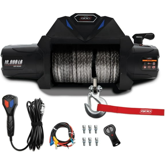 Motor God Winch-10000 lb. Load Capacity Electric Winch Kit -12V Synthetic Rope Winch,Waterproof IP68 Electric Winch with Hawse Fairlead, with Wireless/coreded Handheld Remote