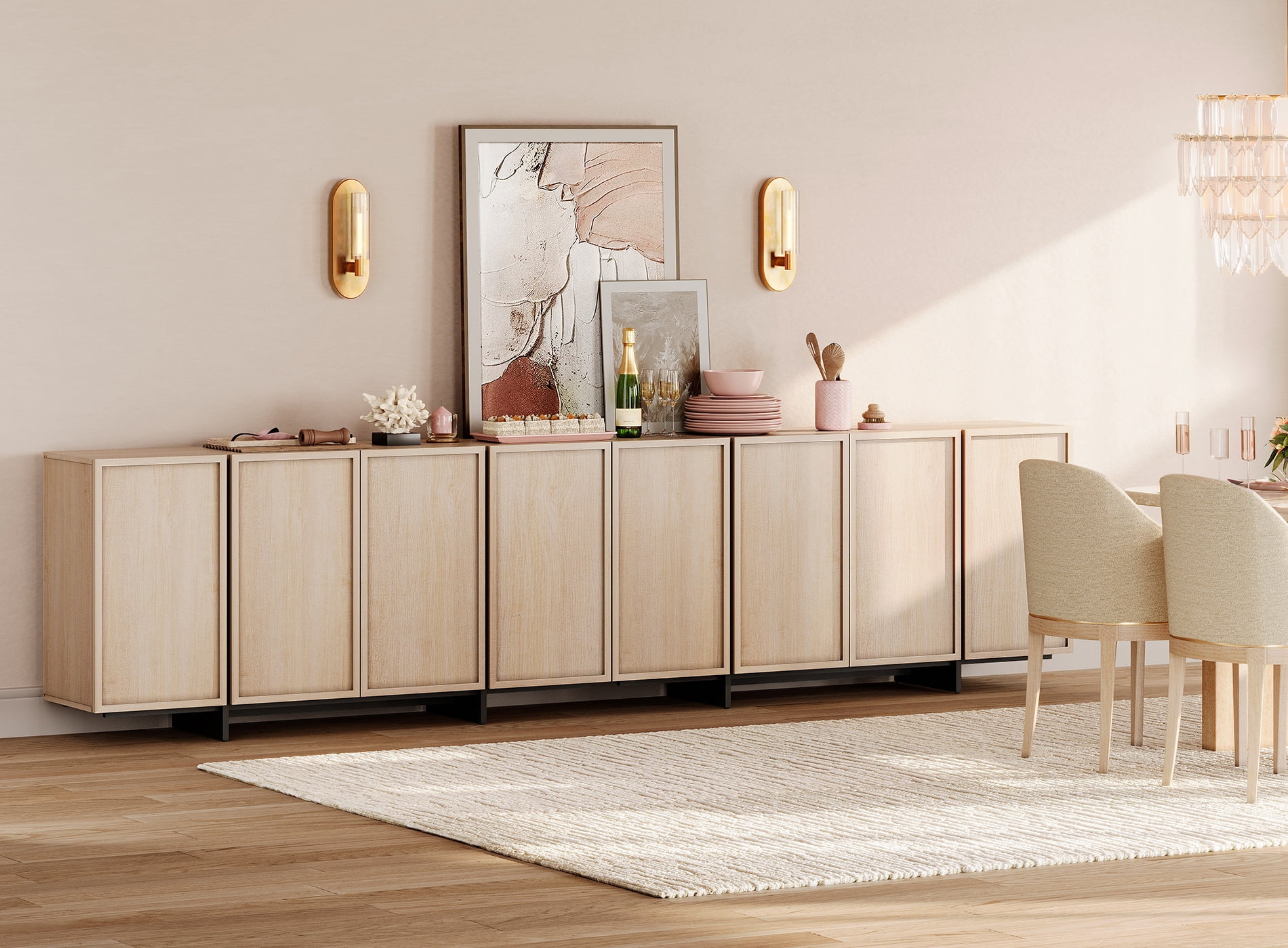 WAMPAT Modern Sideboard Buffet Cabinet with 6 Large Storage Cabinets, Coffee Bar Cabinet with T-Shaped Legs for Living Room and Kitchen, Light Oak