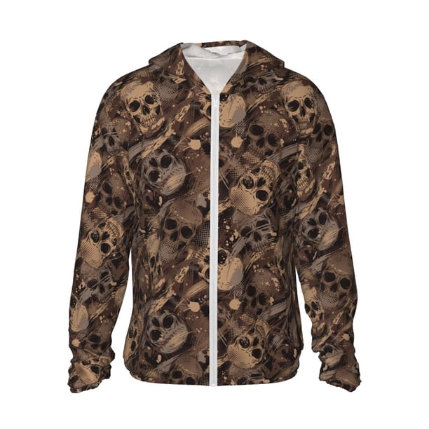 Fotbe Brown Camouflage Skull Chaqueta con Protección Solar UPF 50+ para Hombre y Mujer, Camisa con Capucha y Bolsillos-XX-Large