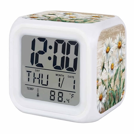 White Daisy Digital Alarm Clock for Bedrooms, Smart LED Alarm Clock with 7 Color Changing Night Light, Vintage Botanical Spring Floral Summer Silent Wake Up Clocks for Sleep Study Cooking 3.2x3.2
