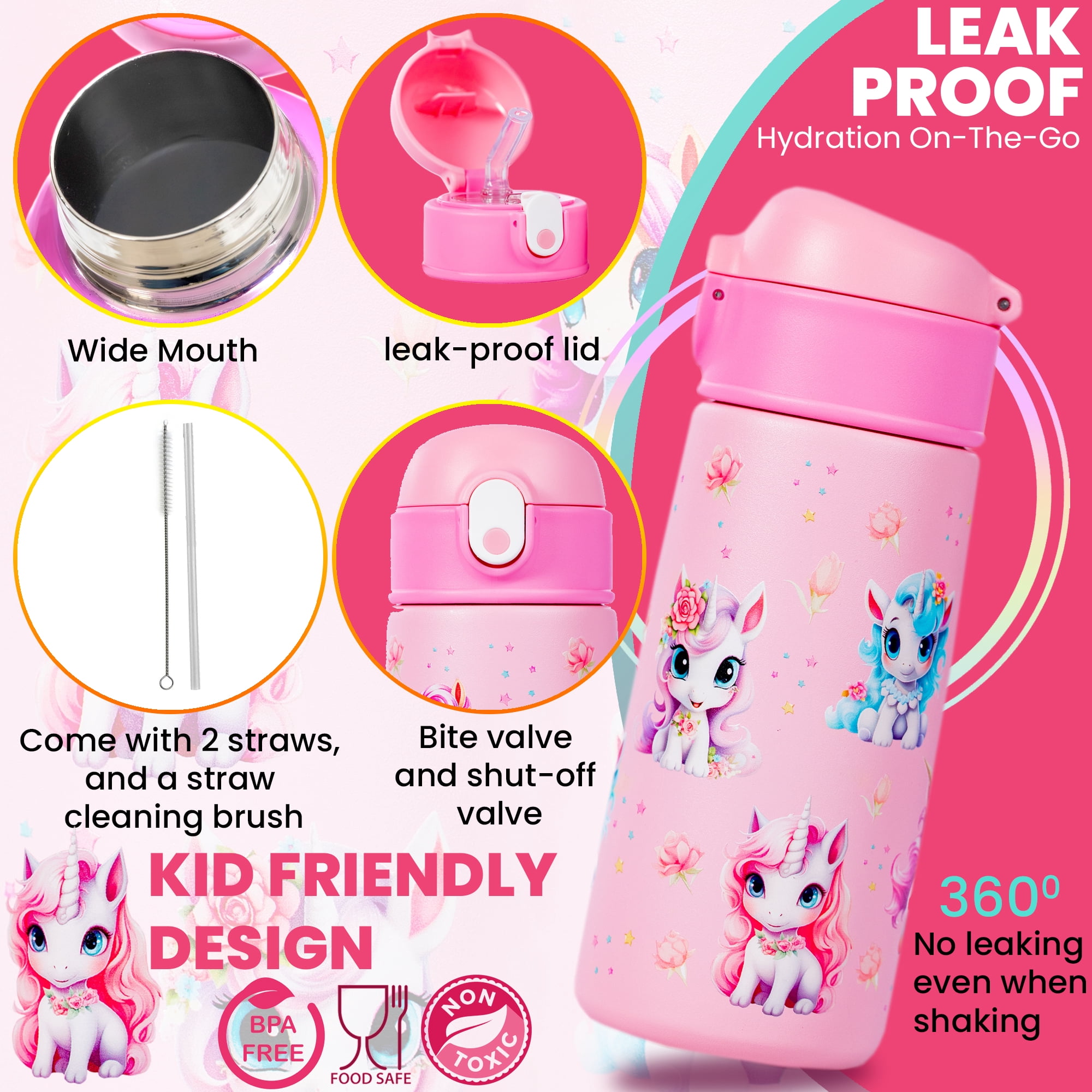 Unicorn Insulated Water Bottle for Kids - 16 oz Stainless Steel, BPA Free, Dishwasher Safe, with Silicone Straw - Keeps Cold 24 Hrs, Hot 12 Hrs - Perfect for School, Travel, Sports