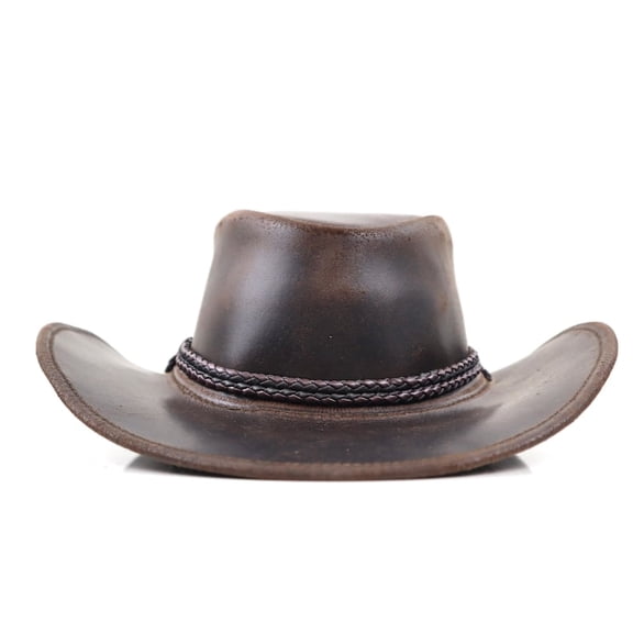 Authentic StellMan Cowboy Hat – Dark Brown Leather with Chin Strap & Braided Trim
