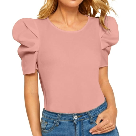 LIZUOJUN Womens Tops Puff Sleeve Crew Neck Top Work Blouses Dressy Casual Trendy Shirts Slim Fit Blouse Elegant Short Sleeve T-Shirt Pink M