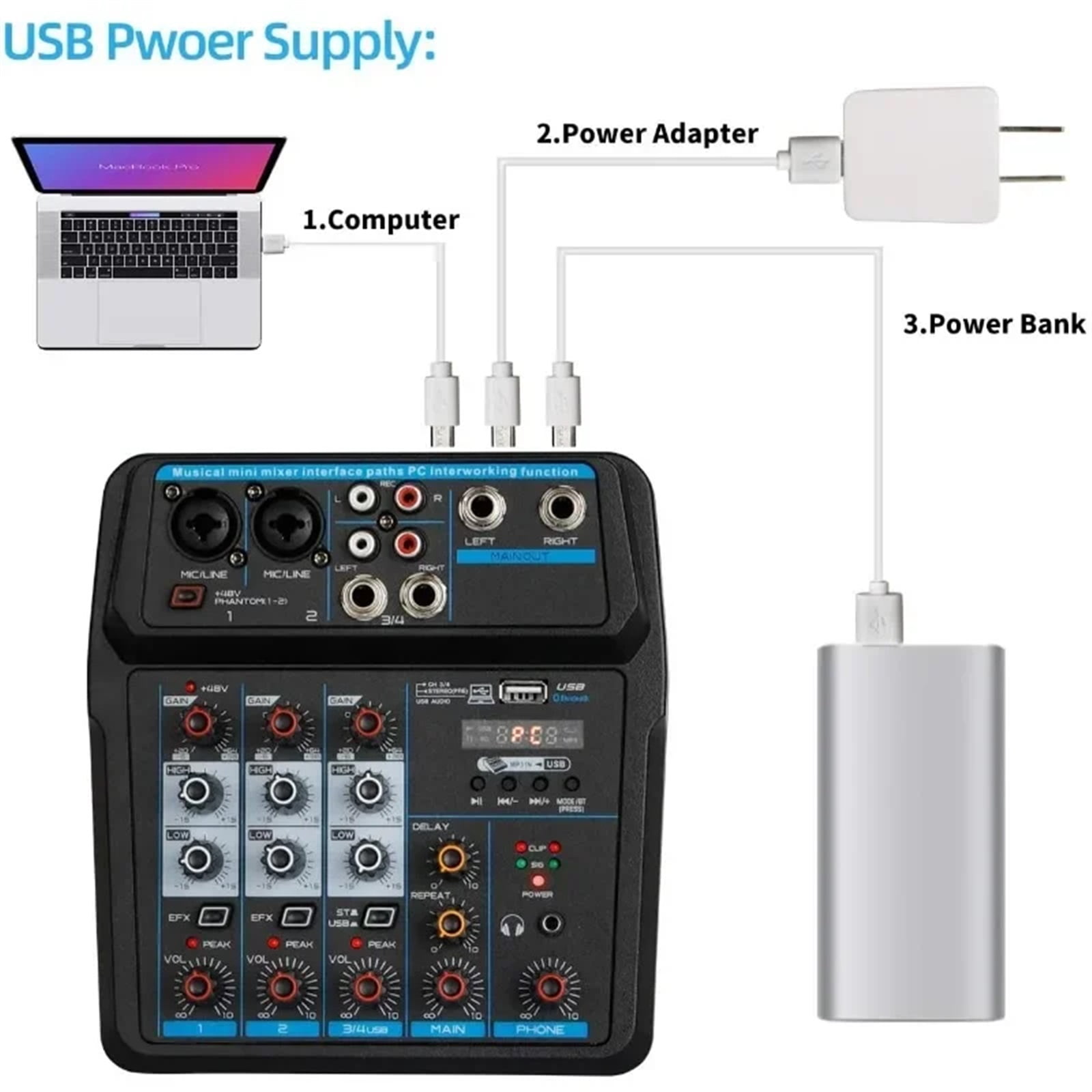 Mini 6 4 Channel Professional Portable Mixer Sound Mixing Console Computer Input 48v Power Number Live DJ Broadcast Record ,Precision Control