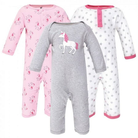 UPC: 0660168584011 | Hudson Baby Infant Girl Cotton Coveralls 3pk  Pink Unicorn  3-6 Months