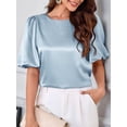 thumbnail image 6 of Women'S Satin Silk Blouses Puff Short Sleeve Dressy Casual Tops Loose Fit Crew Neck Cropped Shirts Light Blue M, 6 of 10