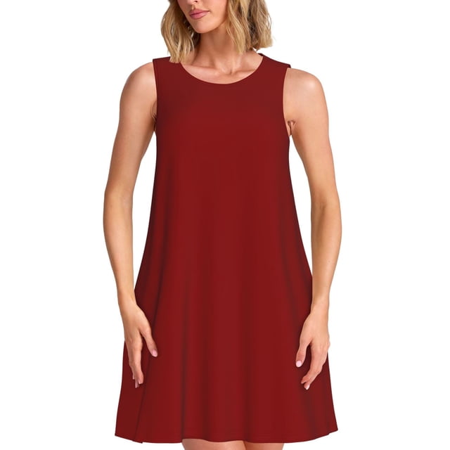 Fotbe Maroon Vestido de Verano sin Mangas para Mujer – Vestido Midi Línea A, Estilo Camiseta Floral, Vestido Playero Casual y Fluido